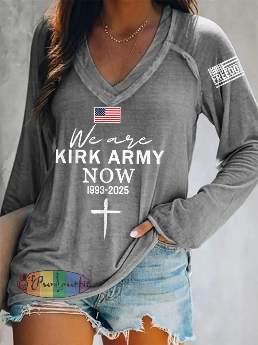 Women’s We Are All Kirk Army Now! R.I.P Charlie Kirk V-Neck Long-Sleeve T-Shirt Gray / S