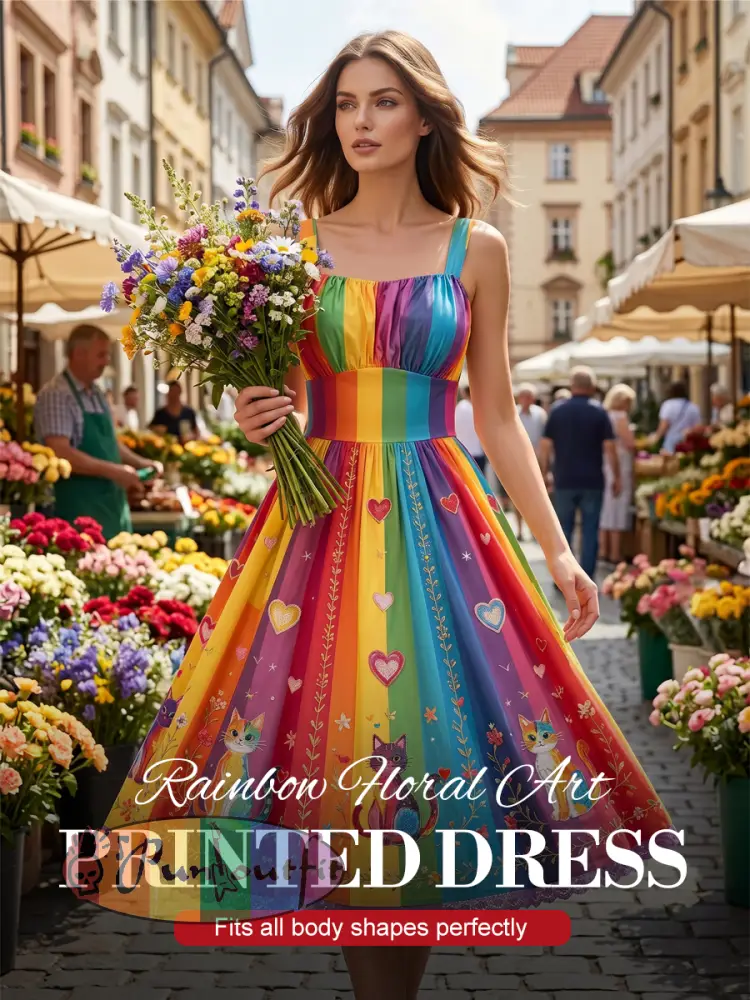 Women's Rainbow Floral Art Printed Dress