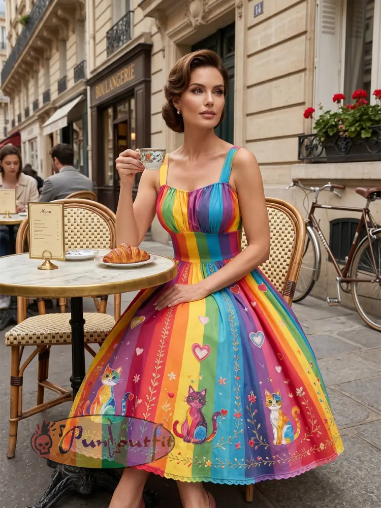 Women's Rainbow Floral Art Printed Dress