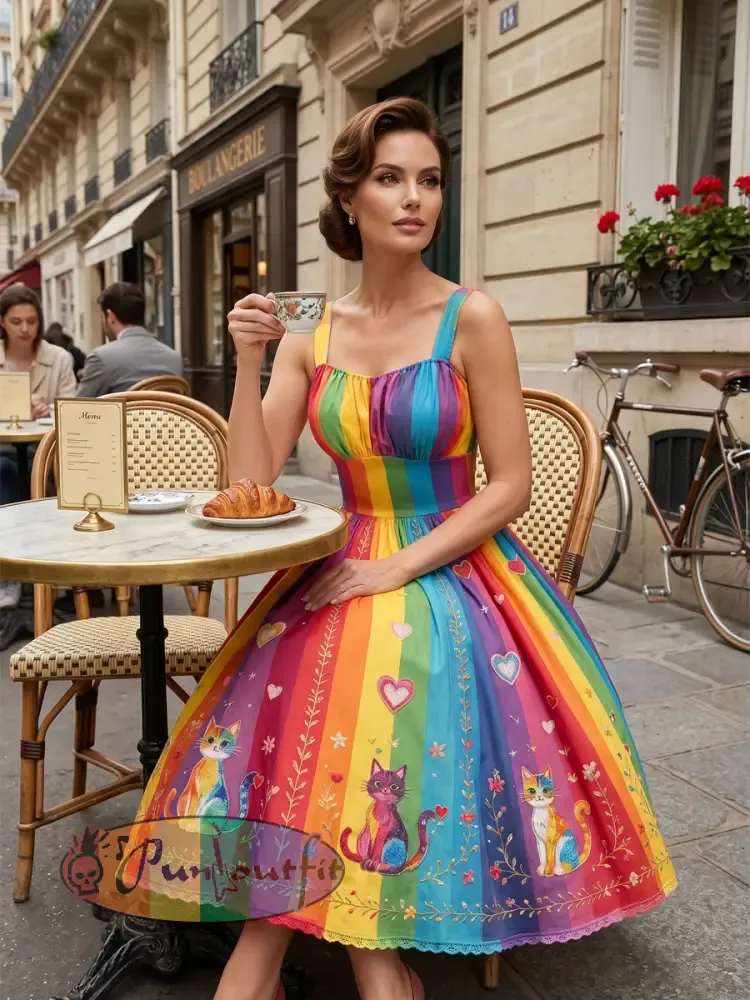 Women's Rainbow Floral Art Printed Dress
