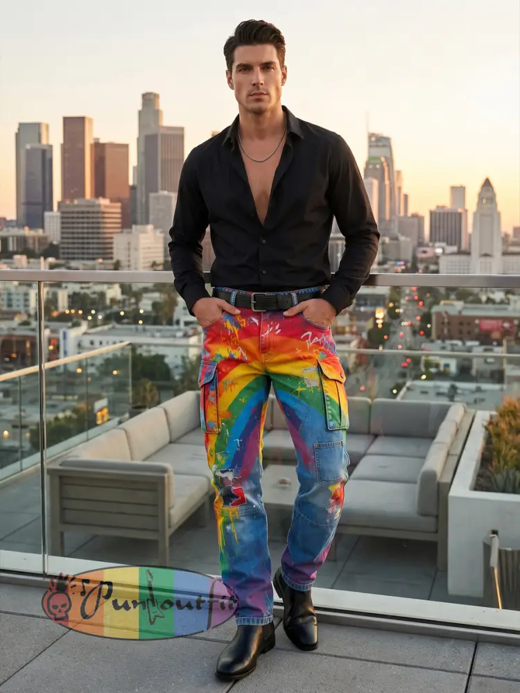 Men's Retro Rainbow Pattern Printed Casual Work Pants