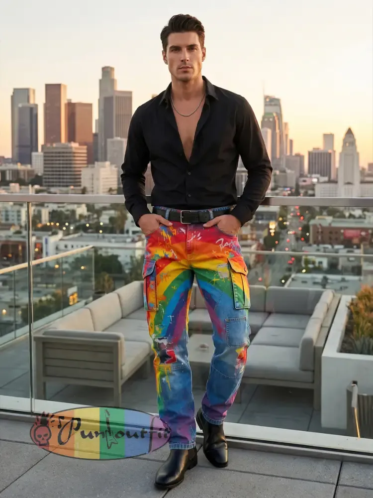 Men's Retro Rainbow Pattern Printed Casual Work Pants