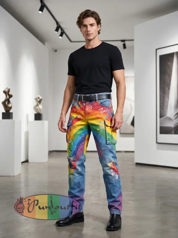 Men's Retro Rainbow Pattern Printed Casual Work Pants