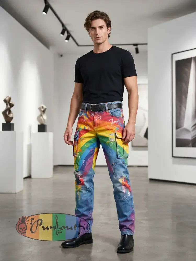Men's Retro Rainbow Pattern Printed Casual Work Pants
