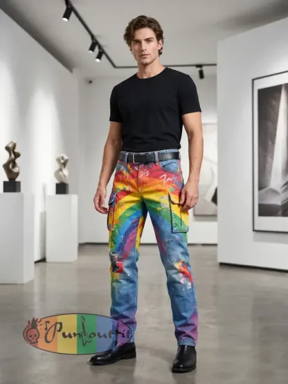 Men's Retro Rainbow Pattern Printed Casual Work Pants