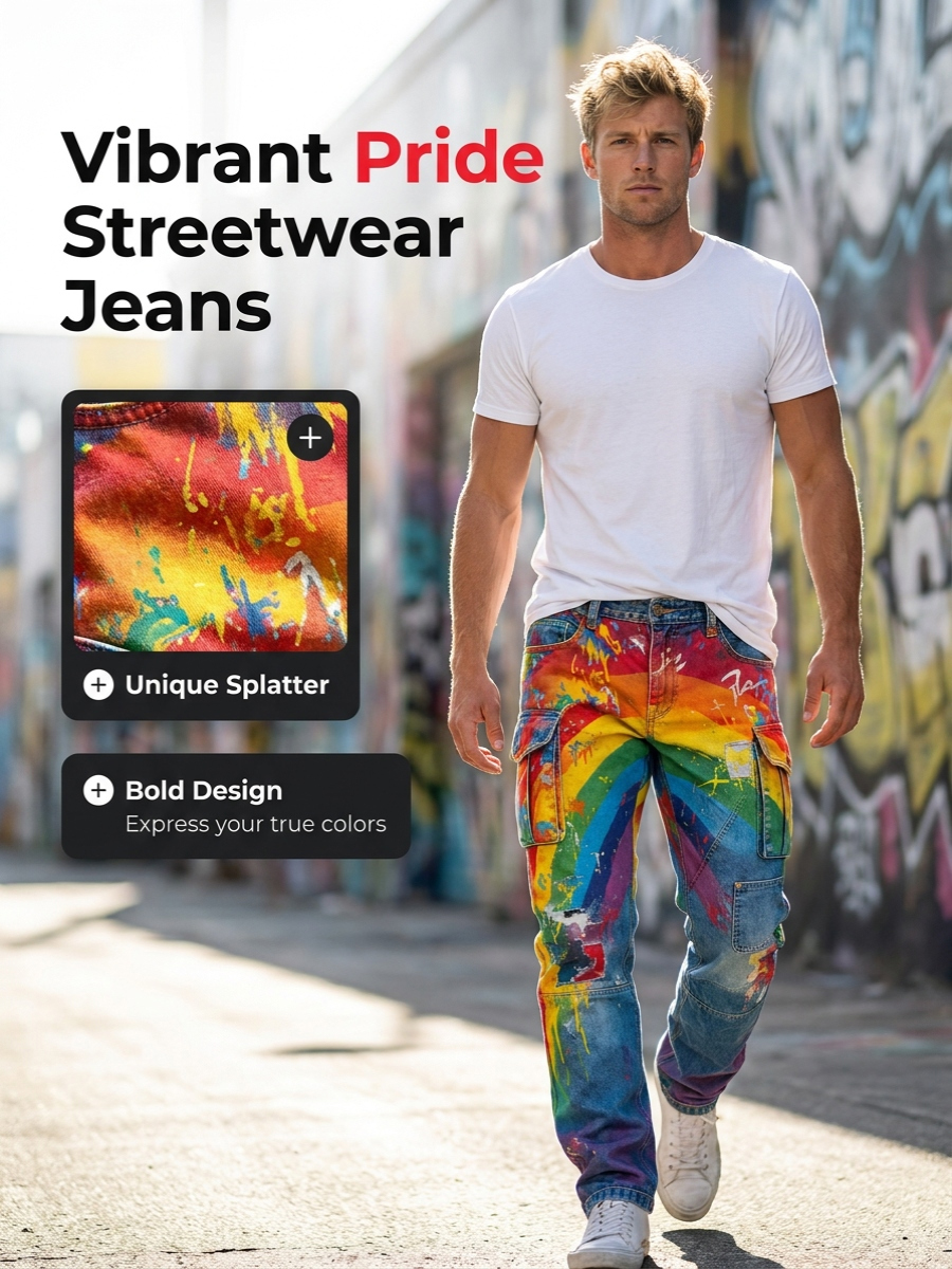 Men's Retro Rainbow Pattern Printed Casual Work Pants