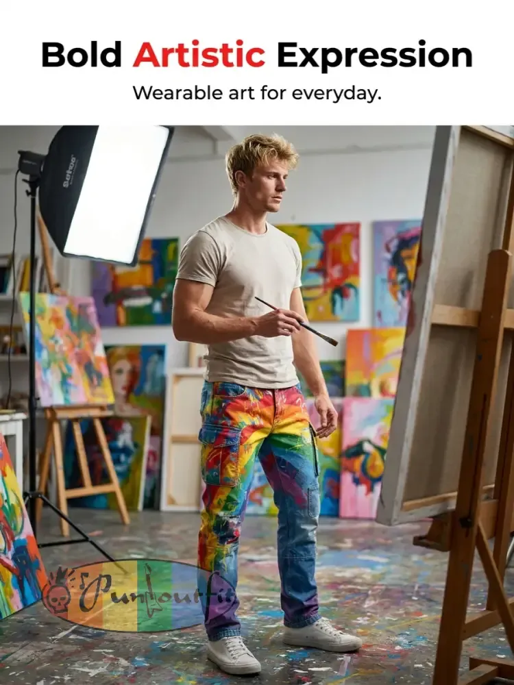 Men's Retro Rainbow Pattern Printed Casual Work Pants
