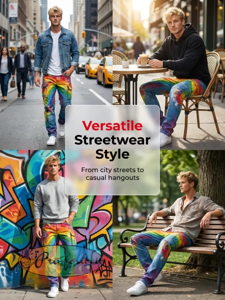 Men's Retro Rainbow Pattern Printed Casual Work Pants