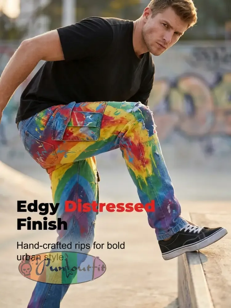Men's Retro Rainbow Pattern Printed Casual Work Pants