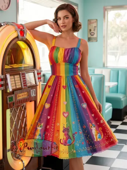 Women's Rainbow Floral Art Printed Dress
