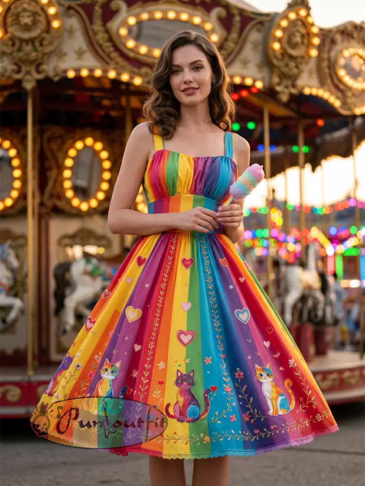 Women's Rainbow Floral Art Printed Dress