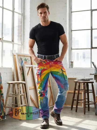 Men's Retro Rainbow Pattern Printed Casual Work Pants