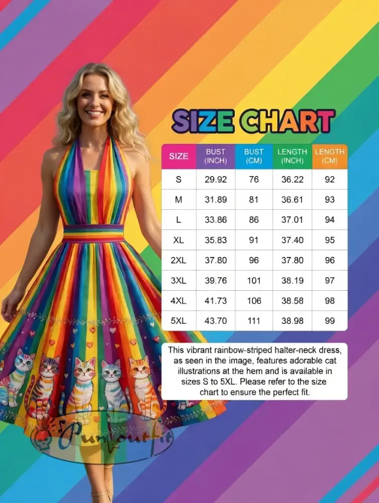 Women’s Rainbow Floral Cat Art Printed Dress