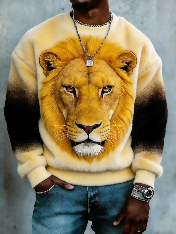 Men's Golden Lion Print Casual Flannel Sweatshirt
