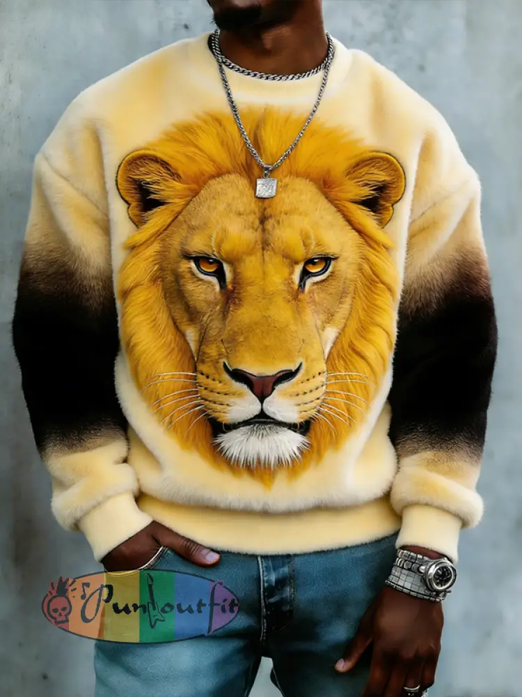 Men's Golden Lion Print Casual Flannel Sweatshirt