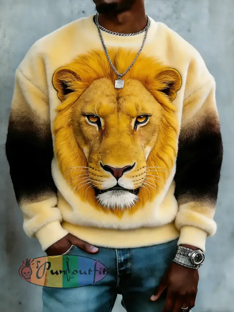 Men's Golden Lion Print Casual Flannel Sweatshirt