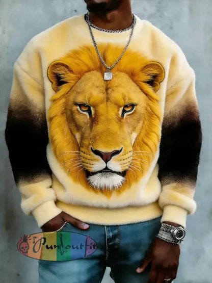 Men's Golden Lion Print Casual Flannel Sweatshirt