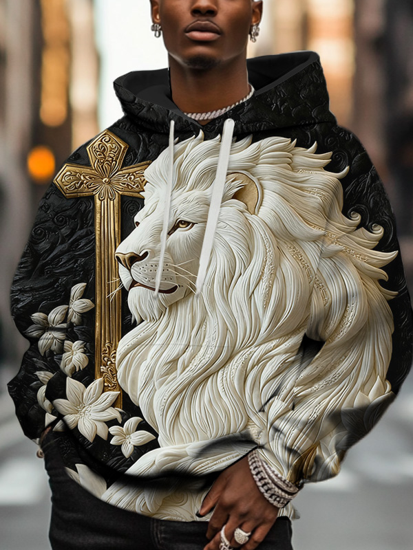 Men'S Retro Relief Lion And Golden Cross Art Print Hoodie