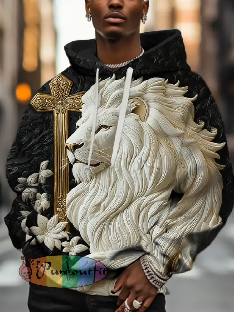 Men'S Retro Relief Lion And Golden Cross Art Print Hoodie