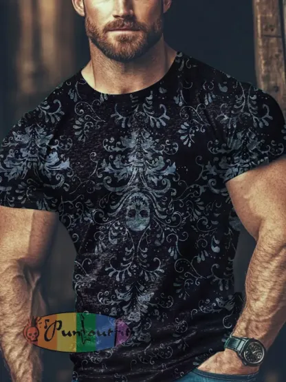 Men’s Vintage Western Skull Pattern Print Casual Cotton Short Sleeve T-Shirt