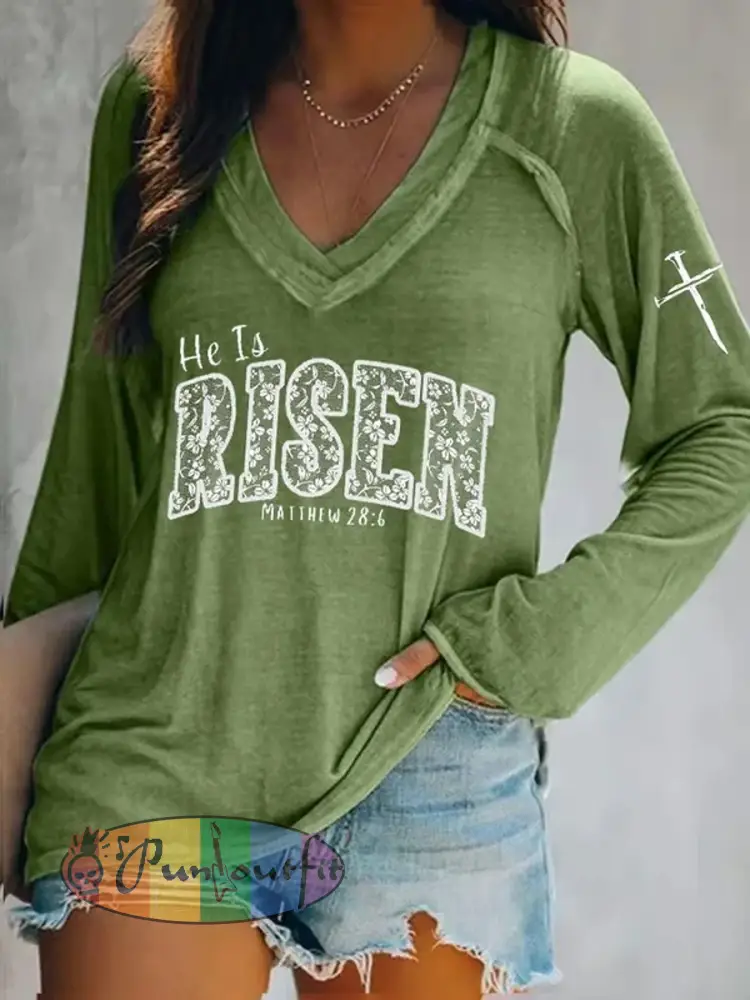 Women’s Easter He Is Risen Print V-Neck Long Sleeve T-Shirt