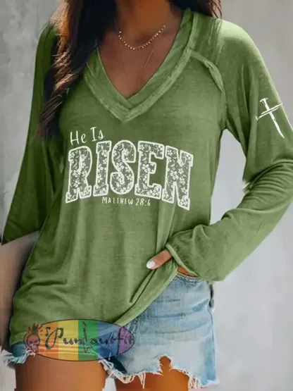 Women’s Easter He Is Risen Print V-Neck Long Sleeve T-Shirt