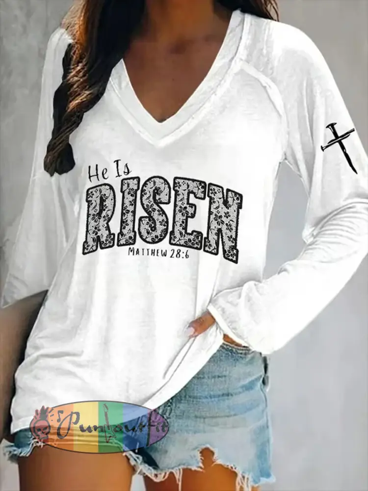Women’s Easter He Is Risen Print V-Neck Long Sleeve T-Shirt