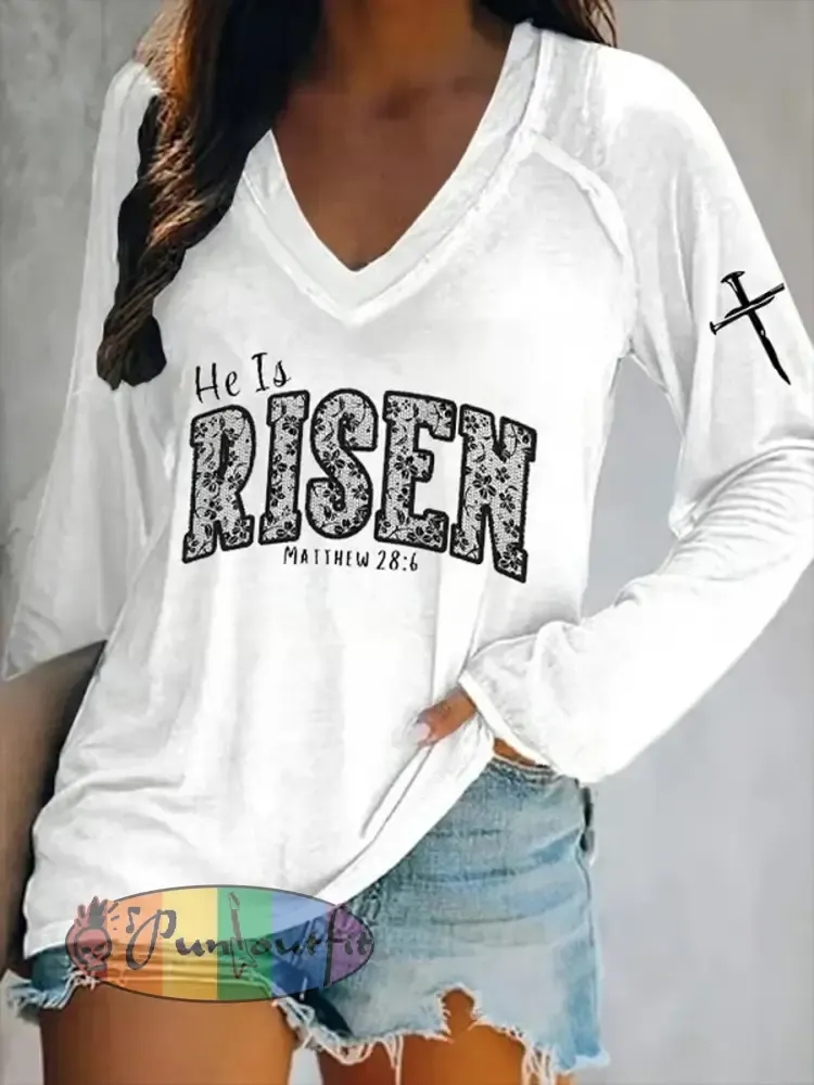 Women’s Easter He Is Risen Print V-Neck Long Sleeve T-Shirt
