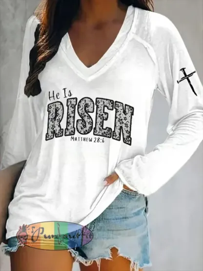 Women’s Easter He Is Risen Print V-Neck Long Sleeve T-Shirt