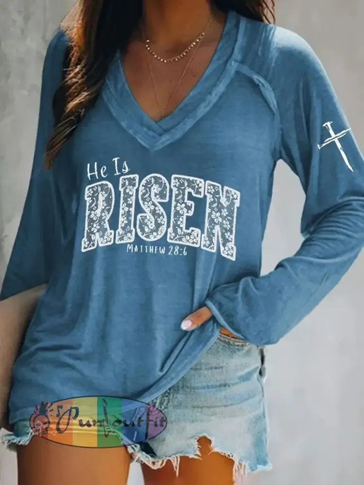 Women’s Easter He Is Risen Print V-Neck Long Sleeve T-Shirt