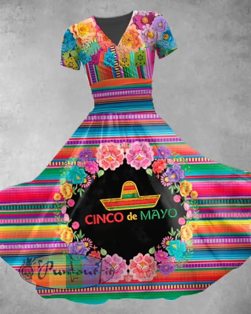 Women’s Cinco De Mayo Printed Vintage Casual Short Sleeve Loose Maxi Dress