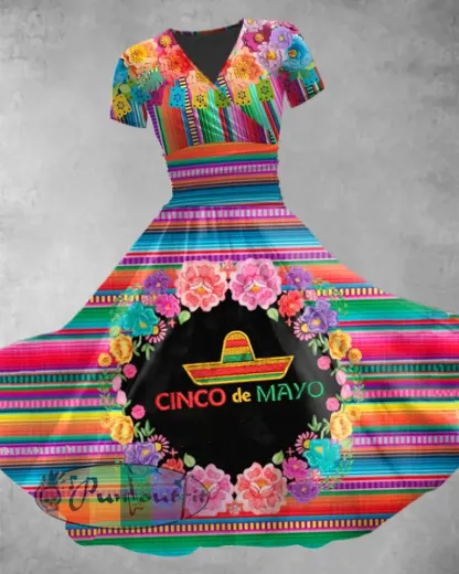 Women’s Cinco De Mayo Printed Vintage Casual Short Sleeve Loose Maxi Dress