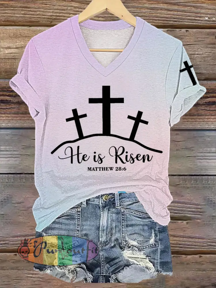 Women’s Christian Easter He Is Risen He Is Risen Matthew 28 6 Printed V-Neck Short Sleeve T-Shirt