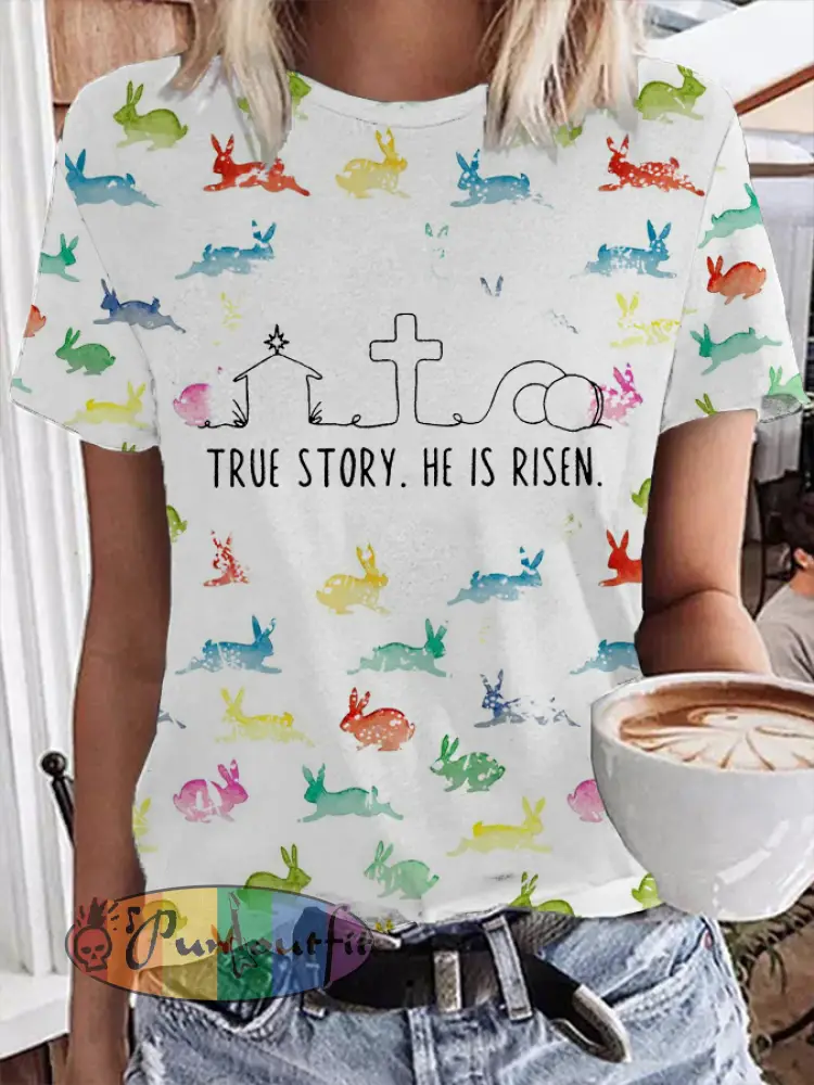 Women’s Easter Watercolour Bunny True Story Printed O-Neck Short Sleeve T-Shirt