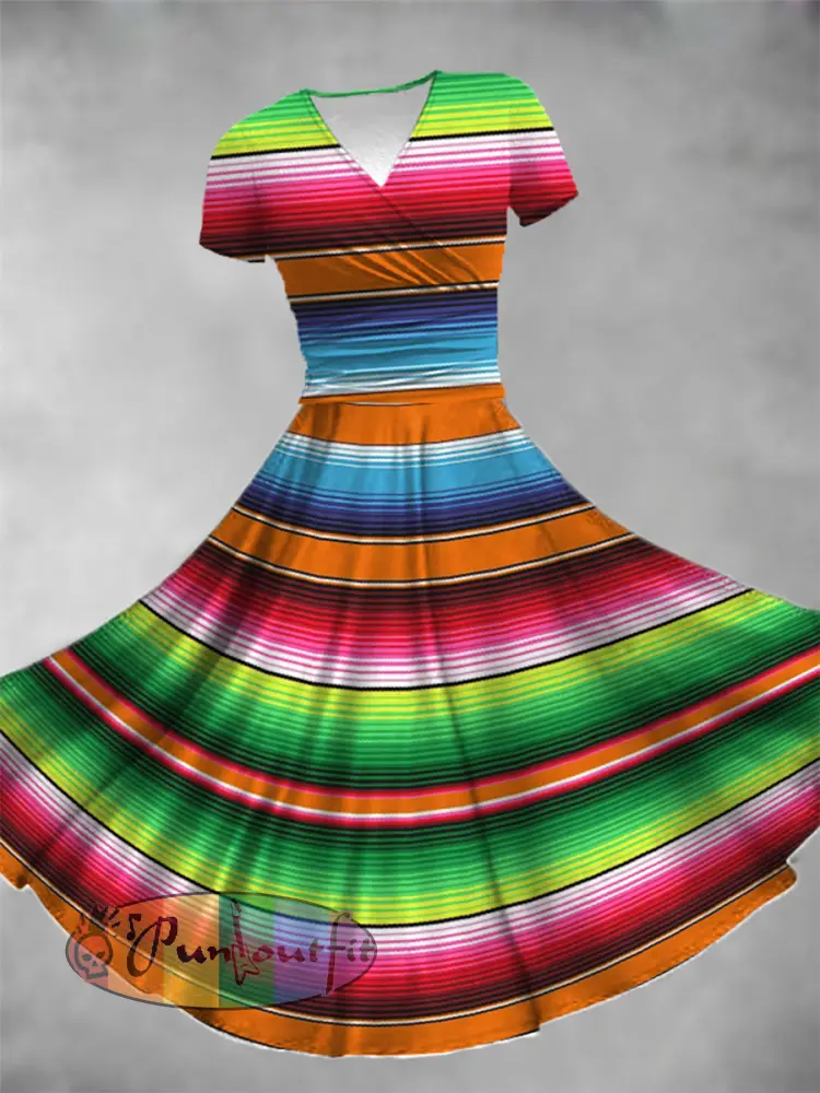 Women’s Cinco De Mayo Stripes Print Casual V-Neck Dress