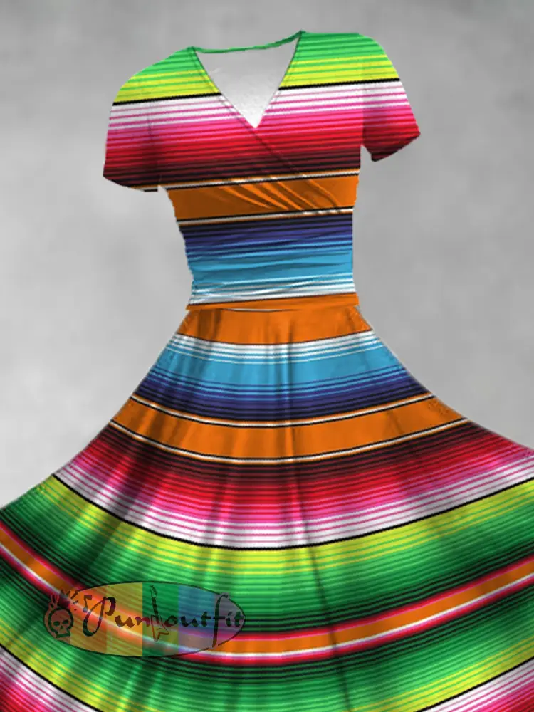 Women’s Cinco De Mayo Stripes Print Casual V-Neck Dress