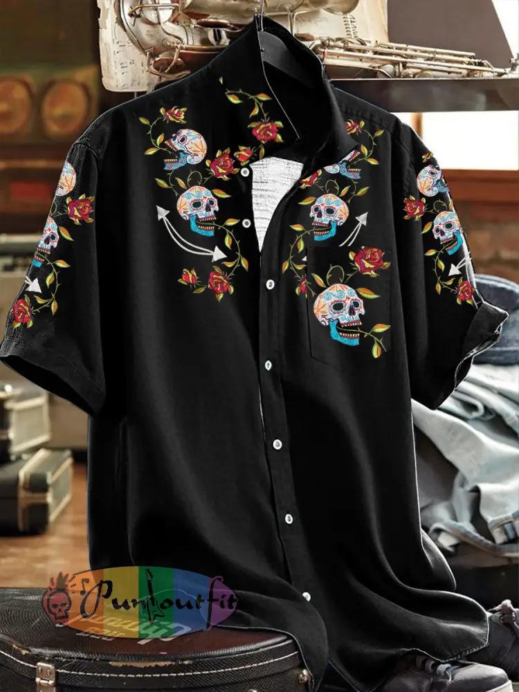 Men’s Mexican Fiesta Cinco De Mayo Skull Floral Art Printed Shirt