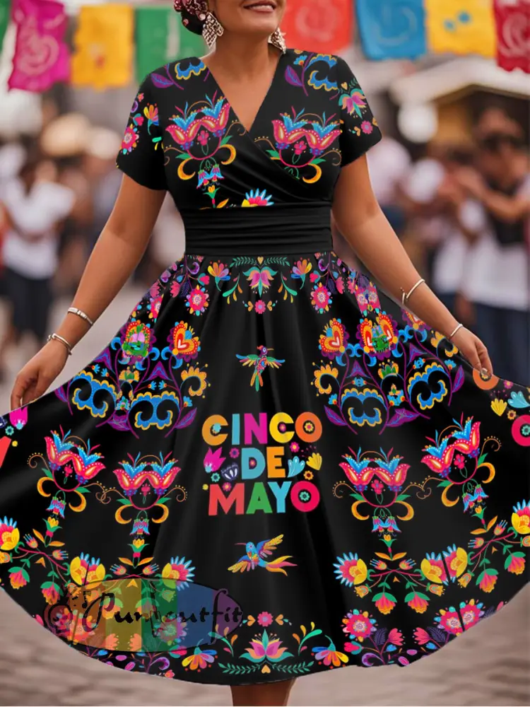 Women’s Cinco De Mayo Floral Print V-Neck Dress