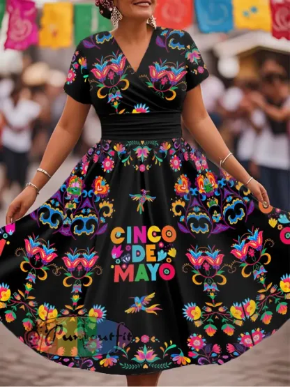 Women’s Cinco De Mayo Floral Print V-Neck Dress