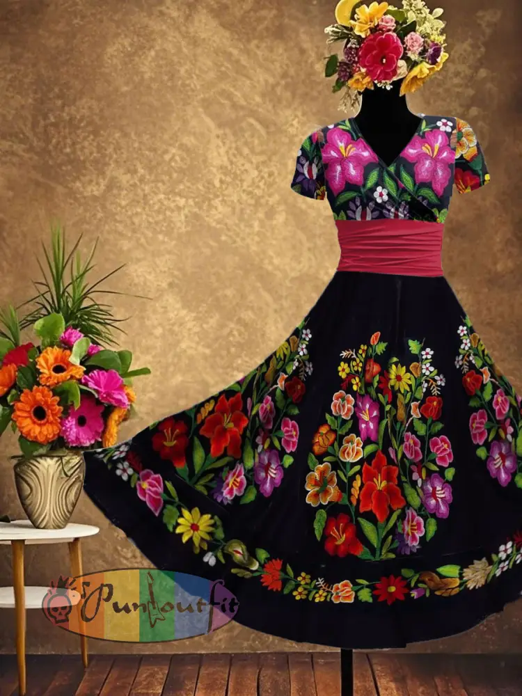 Women’s Mexican Fiesta Cinco De Mayo Floral Art Printed Dress