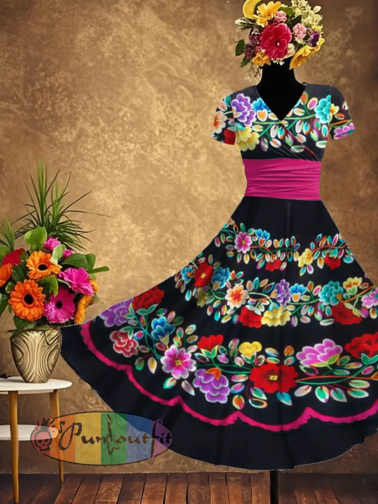 Women’s Mexican Fiesta Cinco De Mayo Floral Art Printed Dress