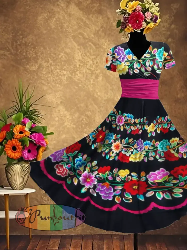 Women’s Mexican Fiesta Cinco De Mayo Floral Art Printed Dress