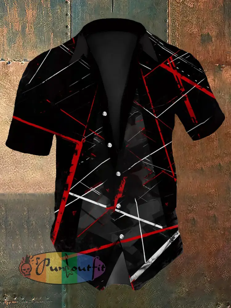 Men’s Vintage VH Guitar Lines Colourful Illustration Abstract Print Casual Cotton Short Sleeve Shirt - Black · S