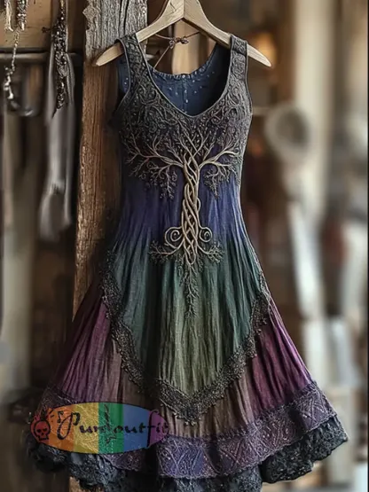 Women’s Vintage Viking Tree Of Life Gradient Linen Dress