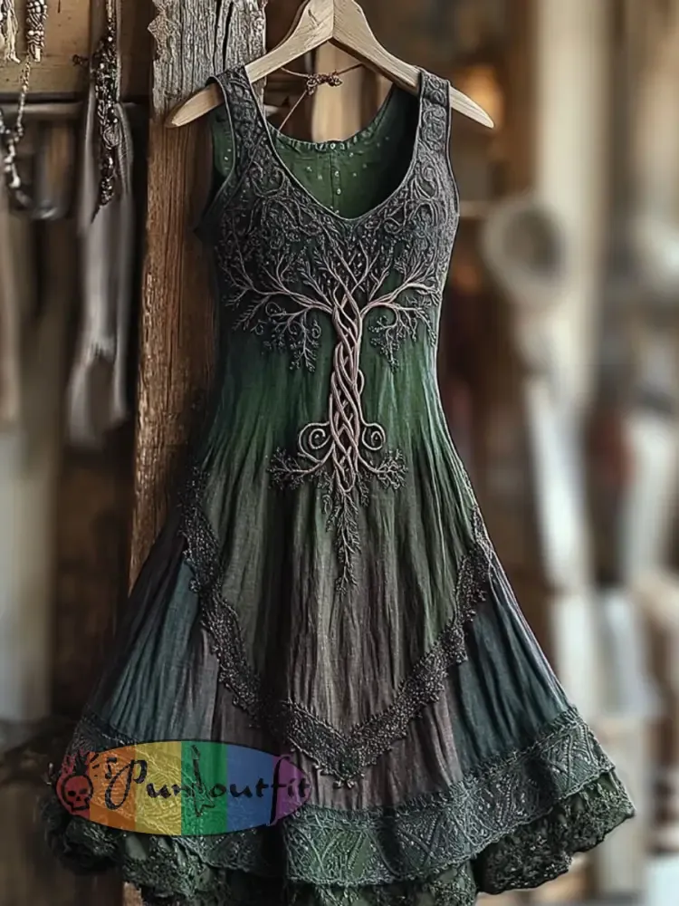 Women’s Vintage Viking Tree Of Life Gradient Linen Dress