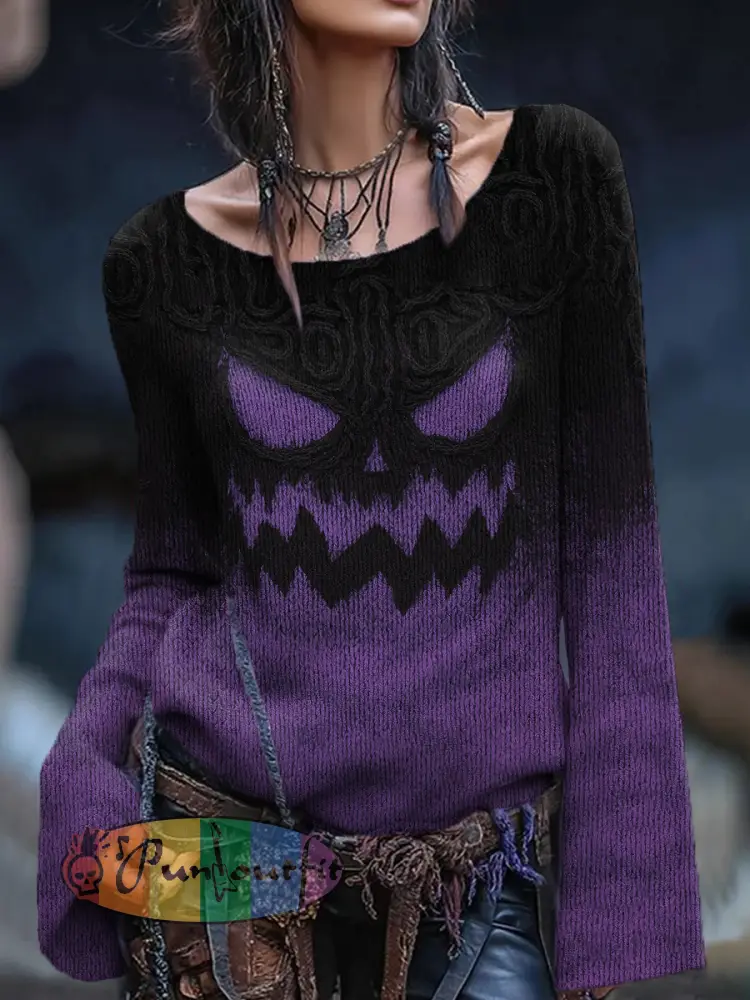 Women’s Vintage Viking Tribal Celtic Knot Halloween Pumpkin Face Print Casual Sweater