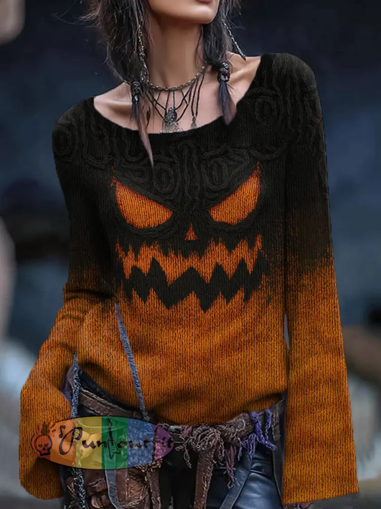 Women’s Vintage Viking Tribal Celtic Knot Halloween Pumpkin Face Print Casual Sweater