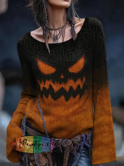 Women’s Vintage Viking Tribal Celtic Knot Halloween Pumpkin Face Print Casual Sweater