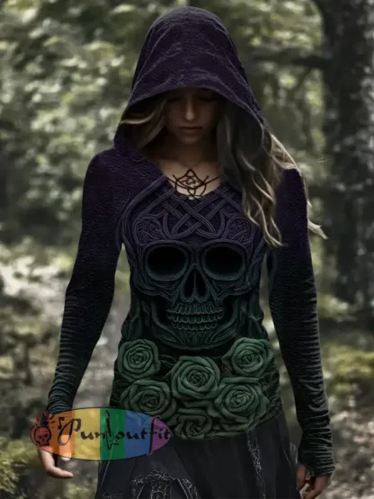 Women’s Vintage Viking Tribal Celtic Knot Rose Skull Print Casual Hoodie