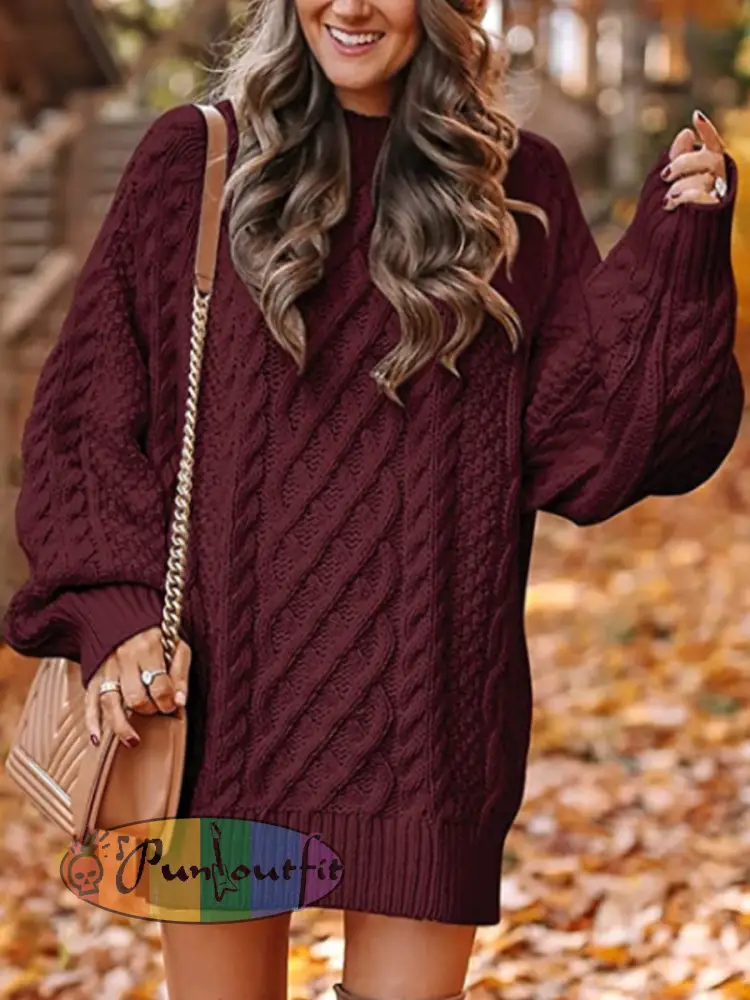Women’s Chunky Knit Round Neck Pullover Sweater Dress